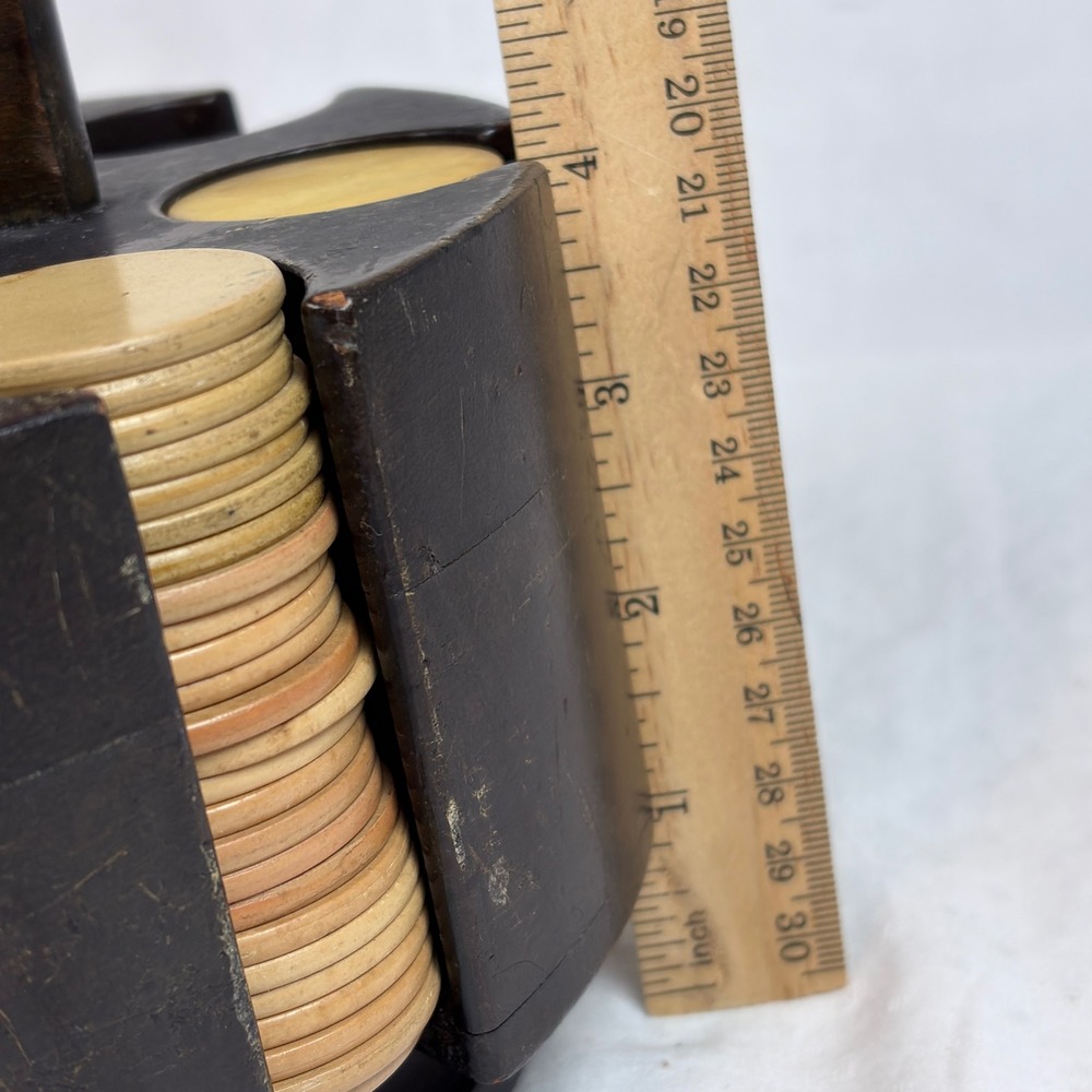 Vtg Wood Carousel Poker Chip Carrier Caddy w/ 230 Clay Chips Lazy Susan 2 Decks - Picture 15 of 16